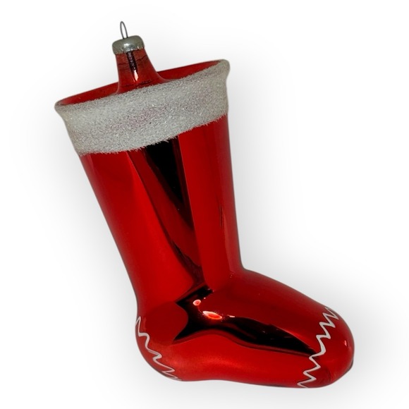 VTG Italian Glass Xmas Ornament Red Stocking Holly 5" Italy De Carlini Style - Picture 2 of 7